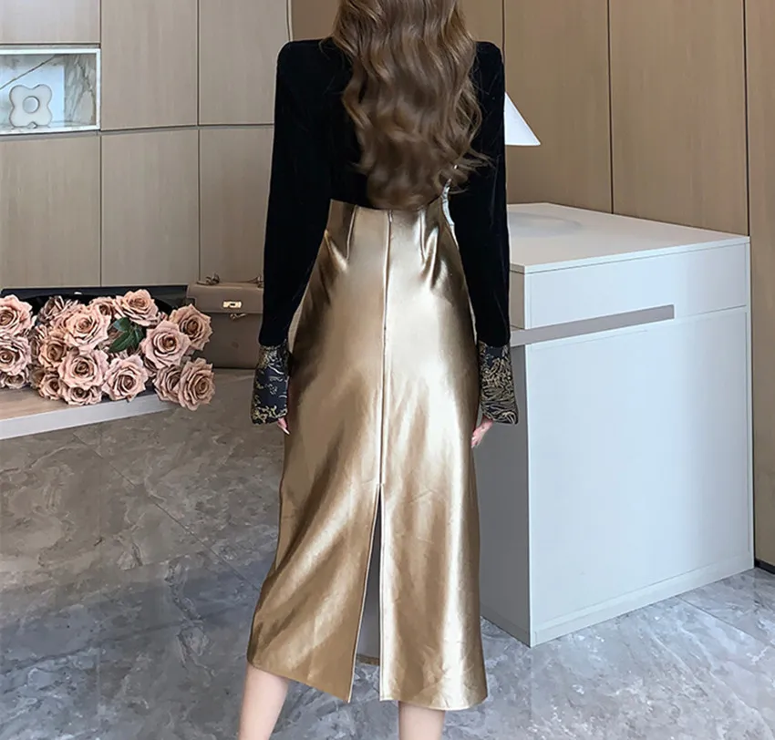 2023 New Fashion Autumn Winter Golden Leather Pu Bodycon Skirt Vintage Designer Women High Waist Office Ladies Split Midi Skirt