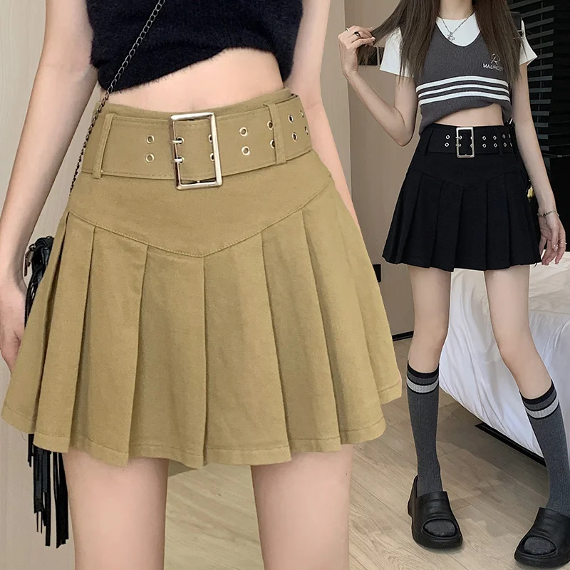 

High Waist Slim Pleated Skirt for Women Korean Fashion Retro Style Solid All-Match Hip Sexy Girl Midi Skirt Belt Y2k Clothes