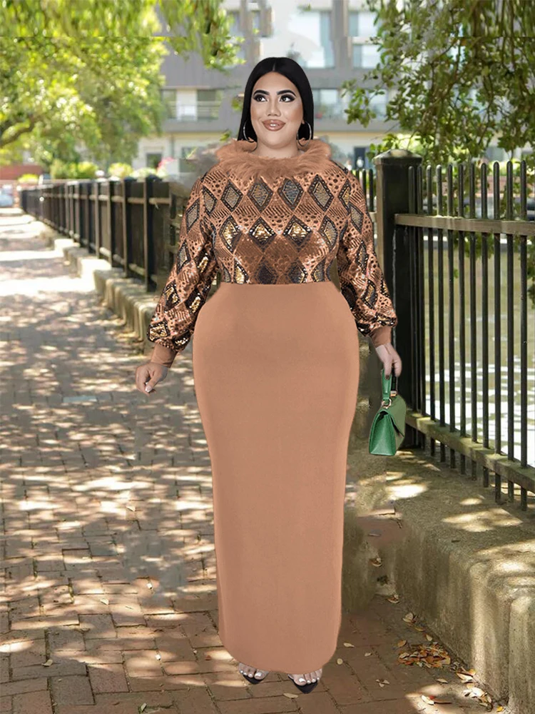 Christmas Dresses for Women Winter Luxury Dress with Fur Neck Collar Elegant Plus Size Sequin Dress Wholesale Dropshipping