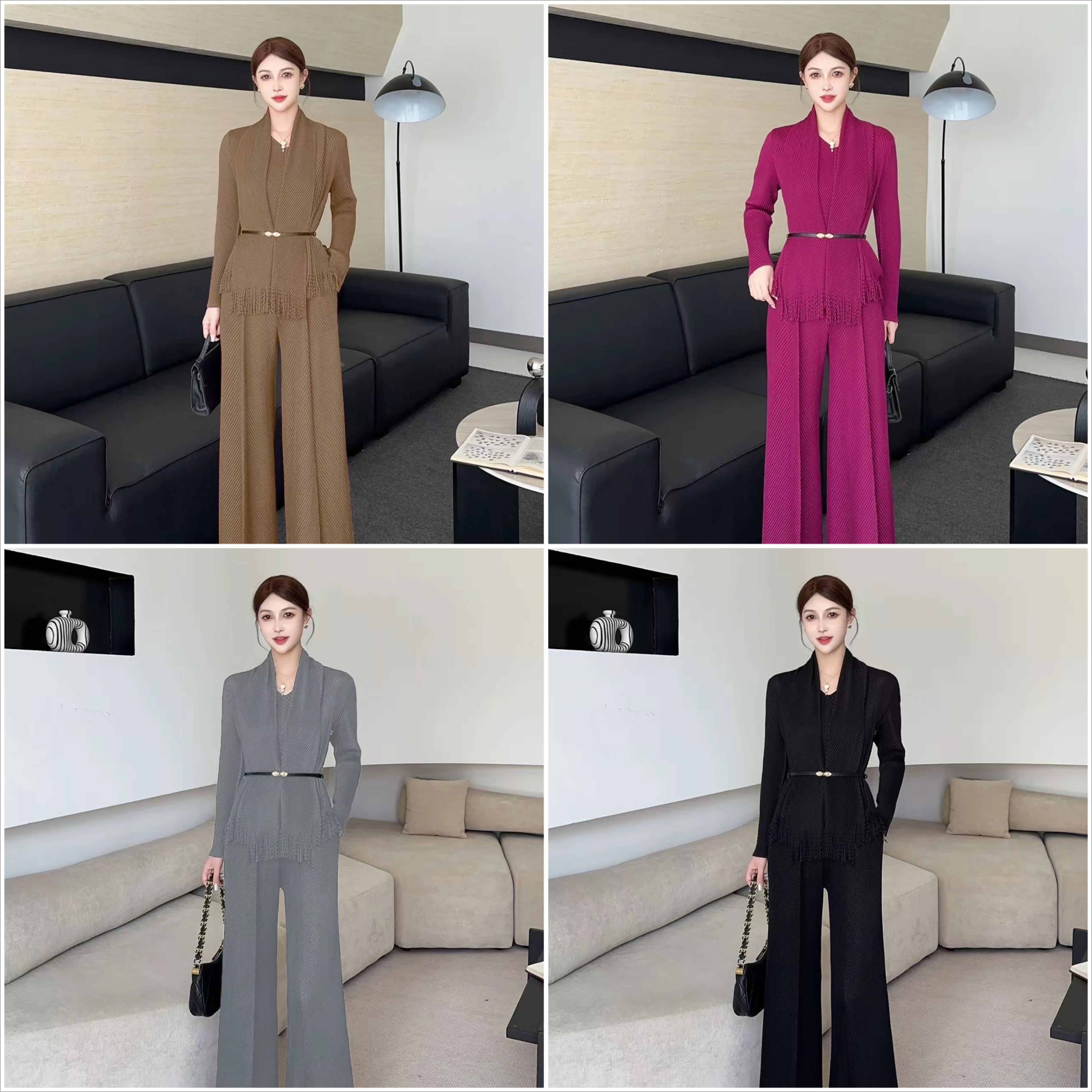 

Miyake Fold 2025 Autumn/Winter New Fold Fashion Tassel Style Pleats Women's Top Casual Loose Pleated Wide Leg Pants Set