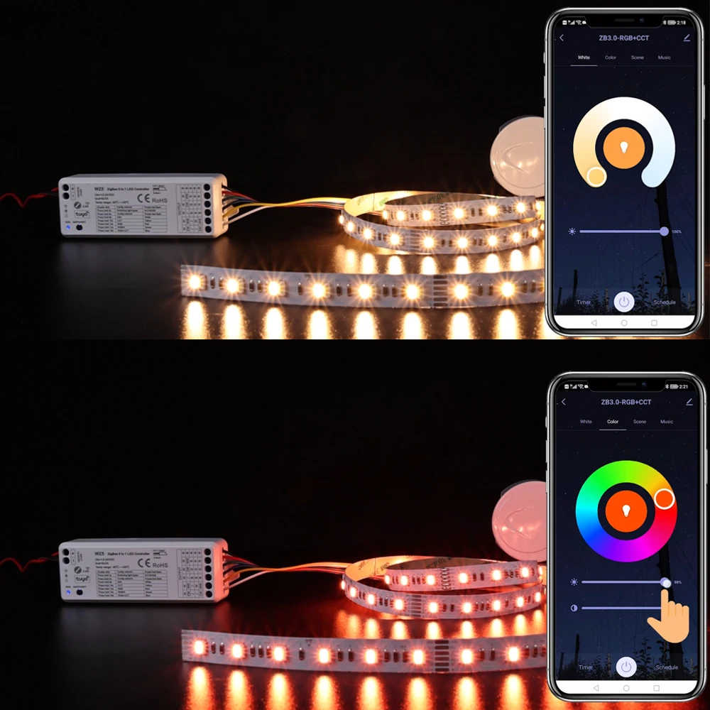 Tuya Zigbee 3.0 Smart LED Controller 12V 5in1 RGB+CCT RGBCW Strip 2.4G 1/4 zone Color Change Remote for Alexa Google Assistant