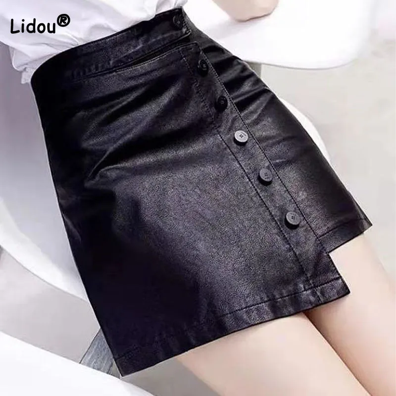 

Autumn Slim Temperament Solid Color Leather Skirts All-match A-Line Button Patchwork Fashionable Bag Hip Skirt Women's Clothing