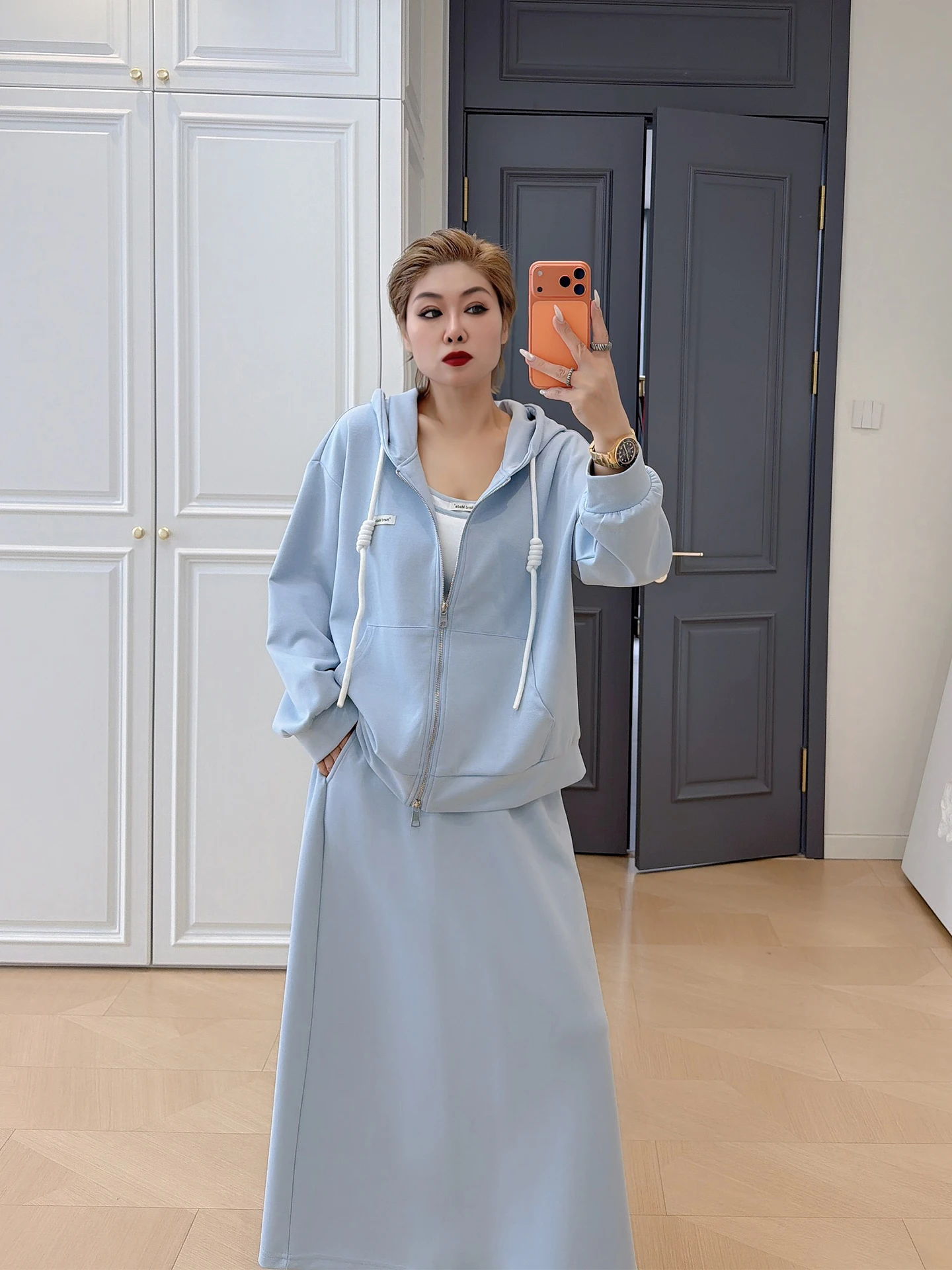 

Casual Sle plus Size Women's Full Set 200 Pou Lazy Sweatirt Jaet Vest Skirt Set Loose Comfortable Spring Outfit