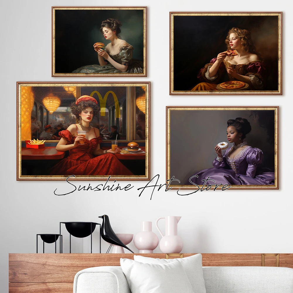 Vintage Funny Food Lover Art Pizza Hamburger Donut Humour Altered Renaissance Poster Canvas Painting Wall Pictures Home Decor