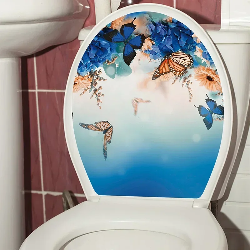 Easy to Remove Toilet Sticker Flower Butterfly Toilet Stickers Waterproof Pvc Decals for Bathroom Decoration Butterflies Theme