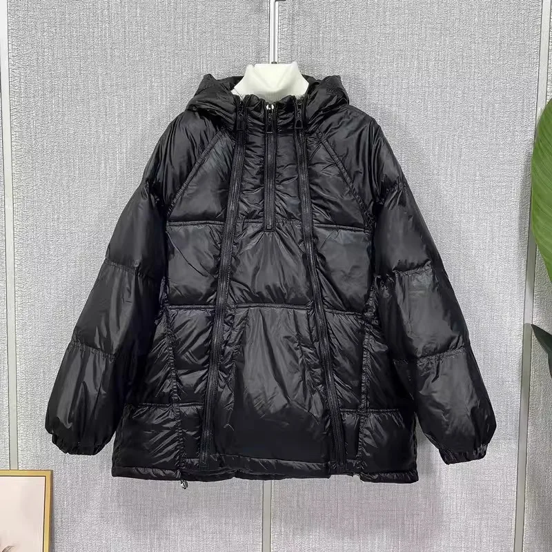 2025 neue Daunenjacke Winter Frauen Mit Kapuze Weiße Ente Puffer Mantel Weibliche Feste Kapuze Lose Reißverschlüsse Parkas Dame Warme Schnee Mantel