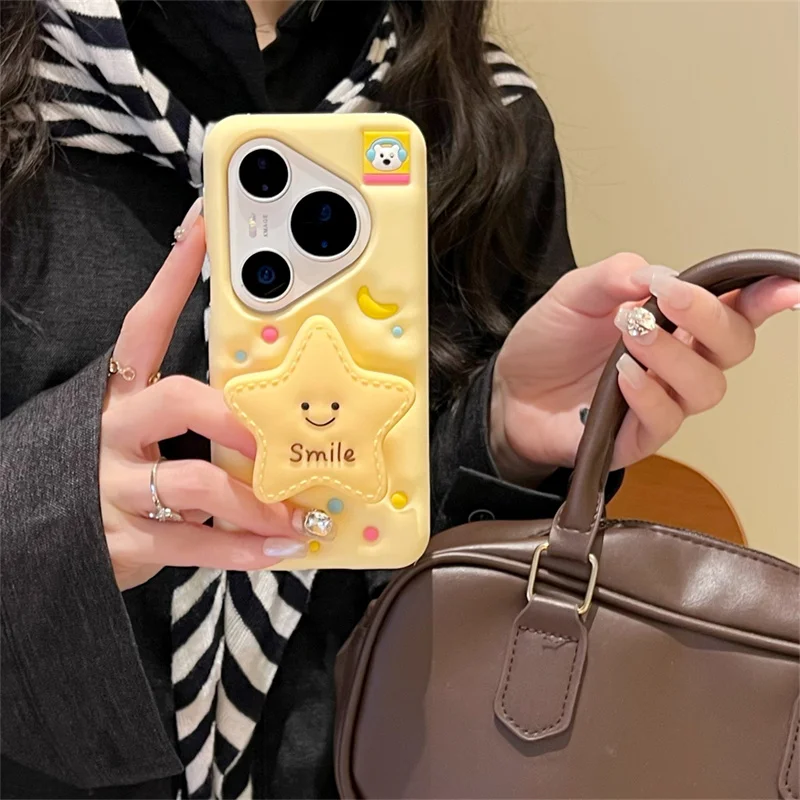 

3D Cartoon Yellow Star Silicone Protection Cover For OPPO FIND X8 X9 Pro Reno12 Reno13 Reno14 Cute Patterns fold bracket girl