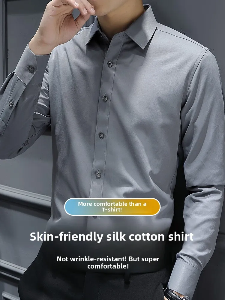 

L Size Silk-Matte Cotton Long Sve Men's irt Pure White Casual Busin Suit Ele Feel Stand Fit oulder Pad Design