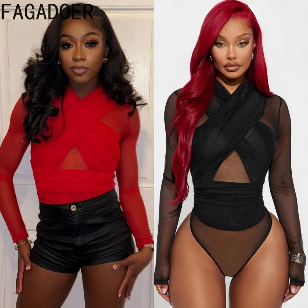 

FAGADOER сексуальные сетчатые прозрачные облегающие комбинезоны женские комбинезоны с лямкой на шее и длинными рукавами женские уличные комбинезоны новые