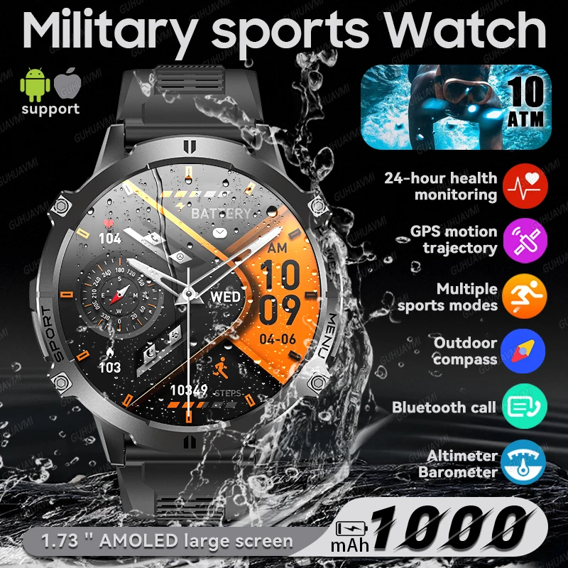 2026 New Extra large 1000mAh Battery SmartWatch 10ATM Waterproof GPS Trackr Compass Outdoors Sports Military BT Call Smartwatch