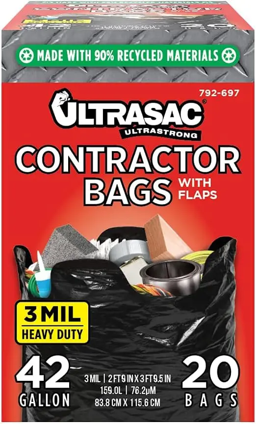 

42 Gallon Heavy Duty Contractor Bags, 20 Pack with Flap Ties, 3 Mil Thick for Professional Construction and Commercial Use