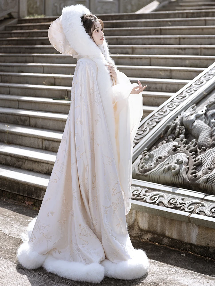 Manto tradicional chinês hanfu branco elegante anti-vento frio quente neve foto novo manto chinês com capuz