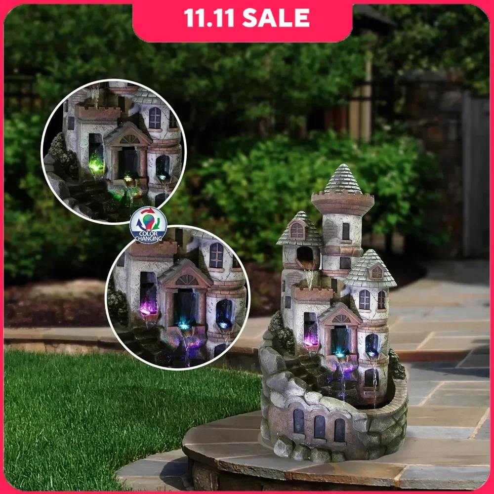 Outdoor Floor Tiered Fairy Castle Water Fountain, Castle Waterwheel Garden Fountain 35