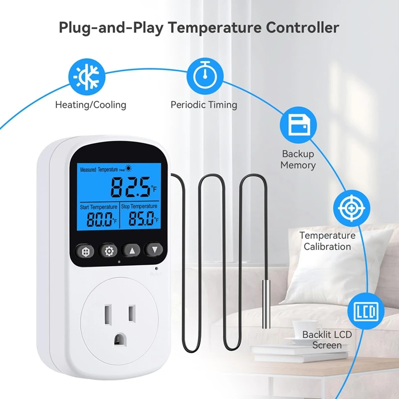 ABGR-Plug In Temperature Controller Outlet, Smart Heating Cooling Control With 4 Timing Modes,Backlit LCD,Calibration US Plug