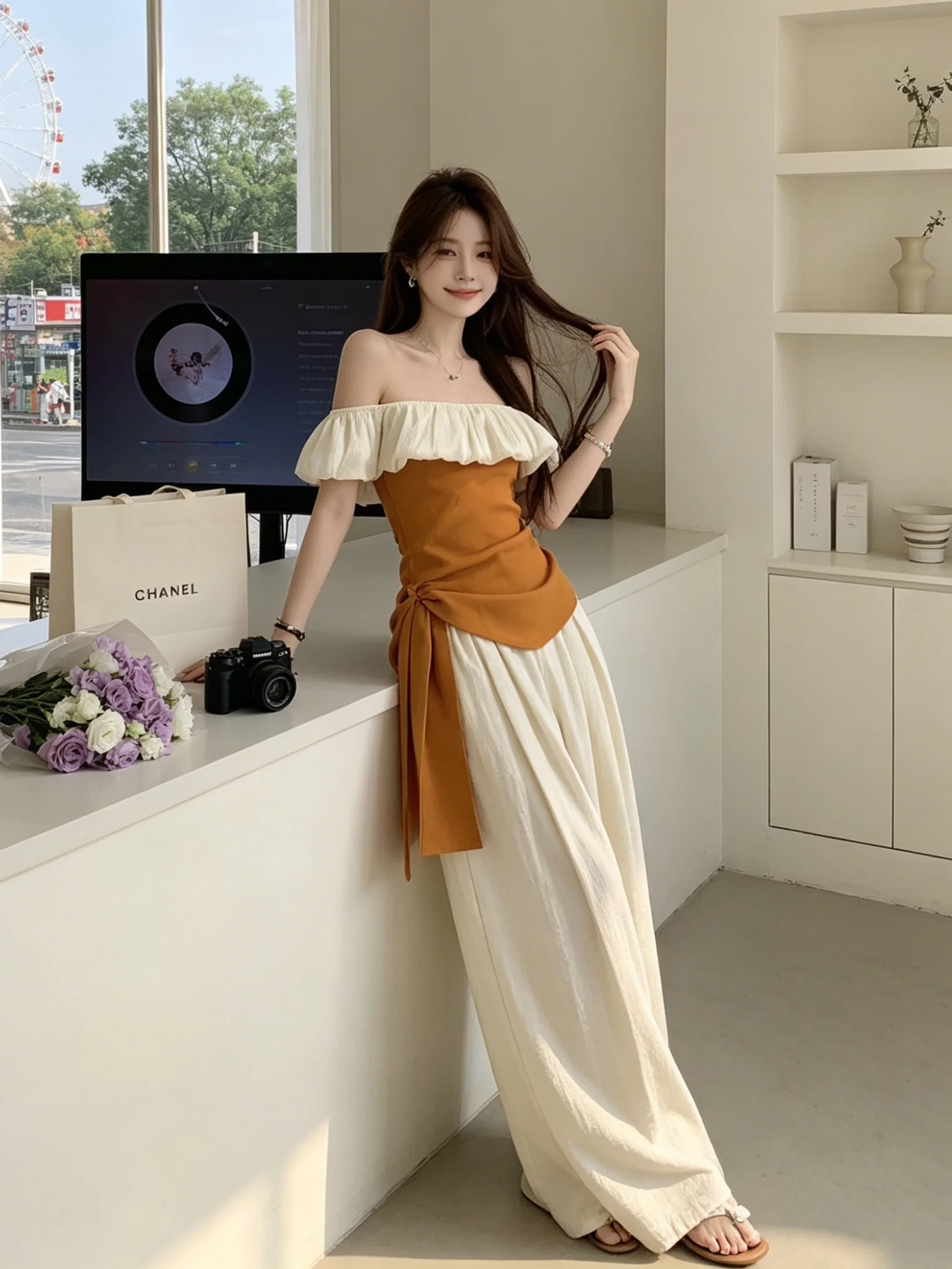 

Orange Asymmetrical Shoulder Hem Leaf Wide Leg Pants Two Piece Set Women's Fashion Summer High Quality Elegant Style