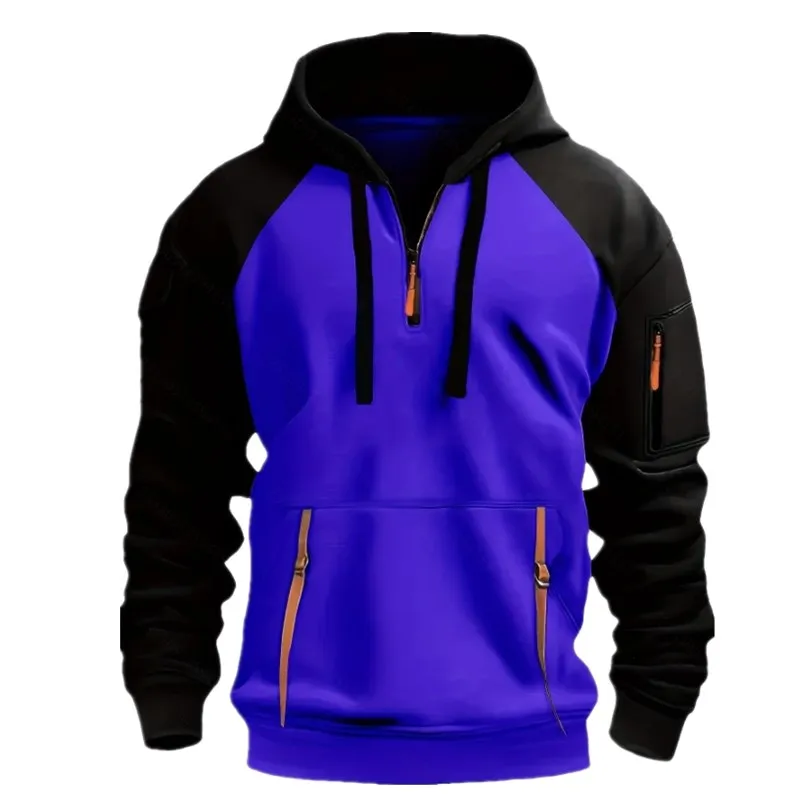 2025 الخريف/الشتاء الرجال هوديي اللون منعت هوديي سستة متعددة جيب هوديي مع إدراج الكتف كم معطف رياضي غير رسمي