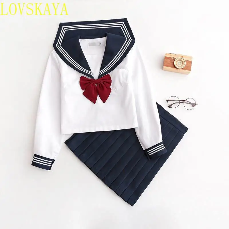 Student girl school uniform, girl navy blue clothing, women's sexy navy blue JK suit, sailor flower pleated skirt