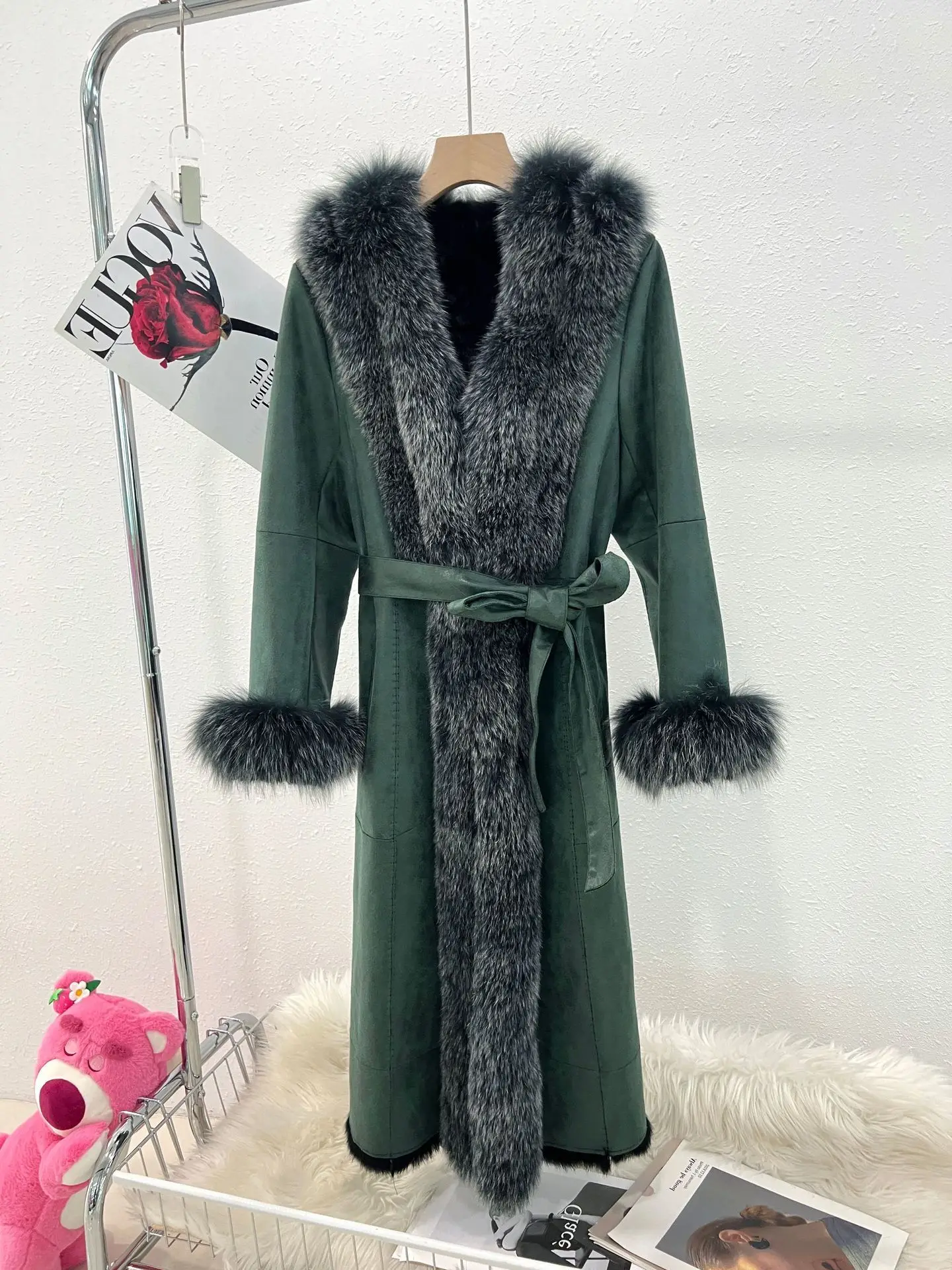 New Haining Fur Coat Rabbit Fur One Piece Coat Women's Long Over Knee Fox Fur Door Flap Temperament 2023