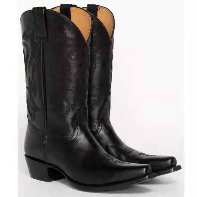 النساء أحذية رعاة البقر الحمراء المطرزة حذاء بكعب سميك الانزلاق على حجم 34-43 الأحذية النسائية الأحذية الغربية الرجعية #5