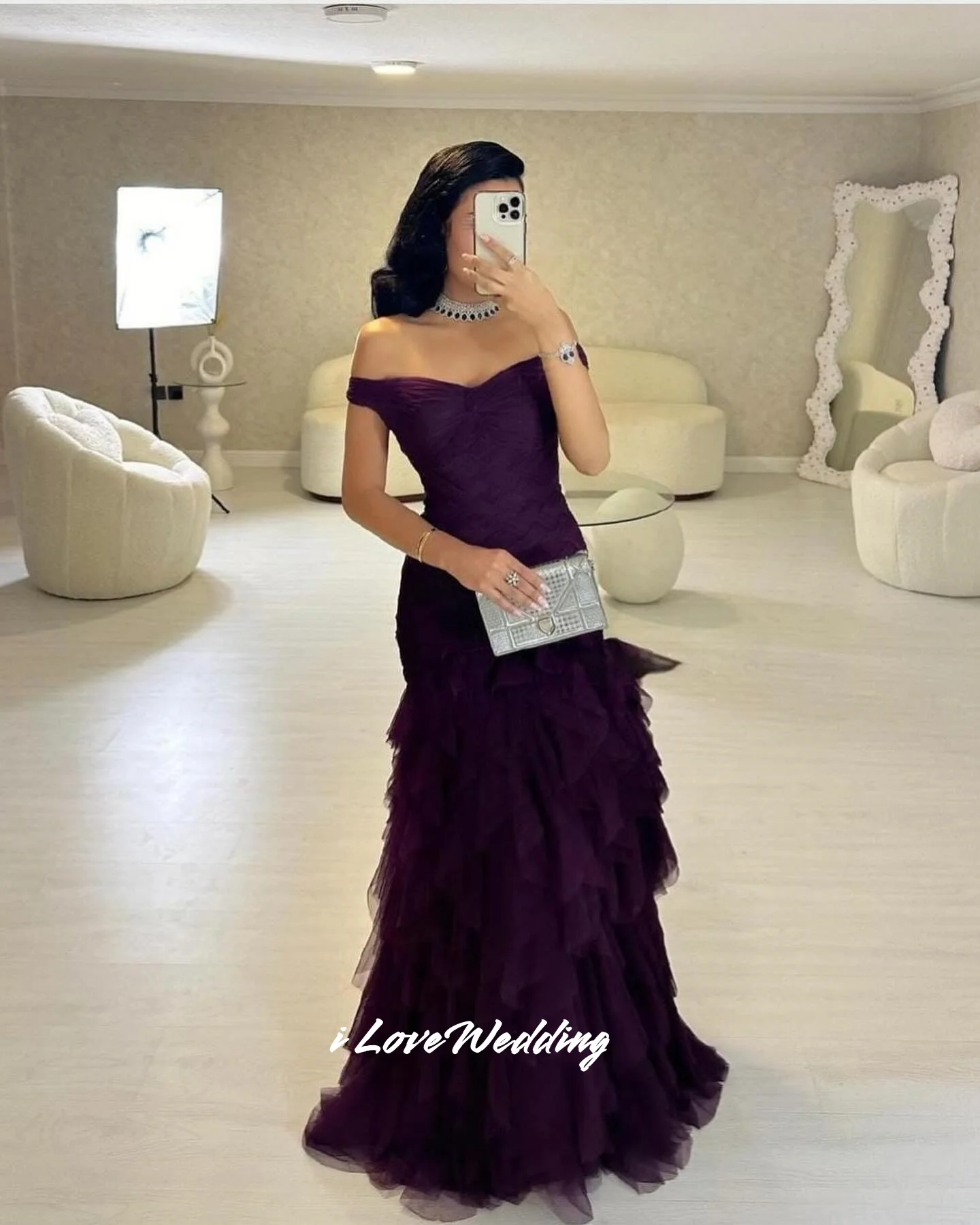 퍼플 오프숄더 이브닝 드레스 2025 튤 크리스탈 티어드 머메이드 우아한 플로어 기장 플리츠 웨딩 파티 드레스 맞춤 제작