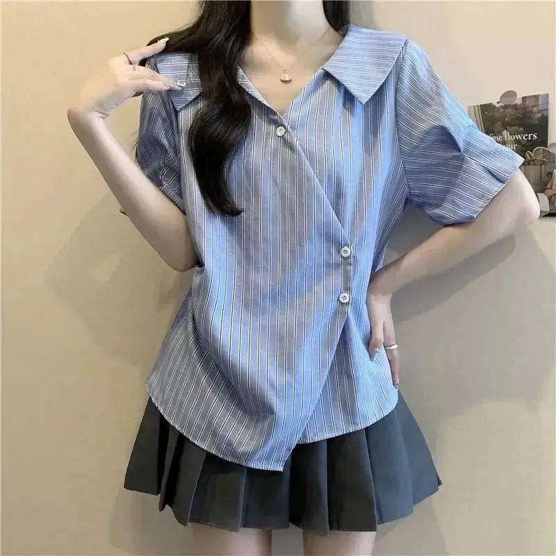 Womens Striped Asymmetrical Button Down Blouse V Neck Short Sleeve Lapel Collar Waist Cinched Casual Shirt Tops