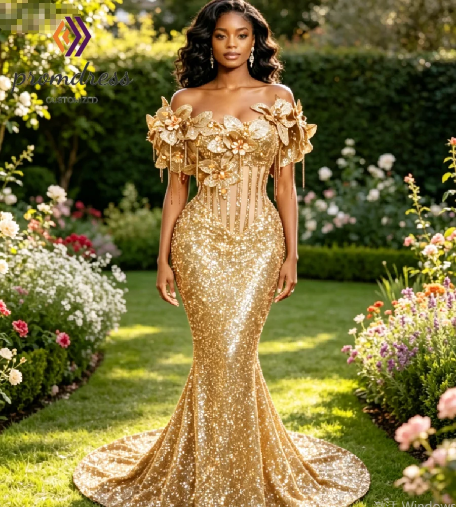 Glitter Gold Sequin Prom Dresses With 3D Florals Mermaid Plus Size Tassel Evening Dress Aso Ebi Formal Beaded Birhday Evening