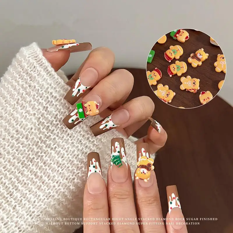 10PCS Kawaii Christmas Gingerbread Man Elk Resin Nail Charms Cartoon Creative Yellow Bear Snowman Nail Art Decorations DIY Nails