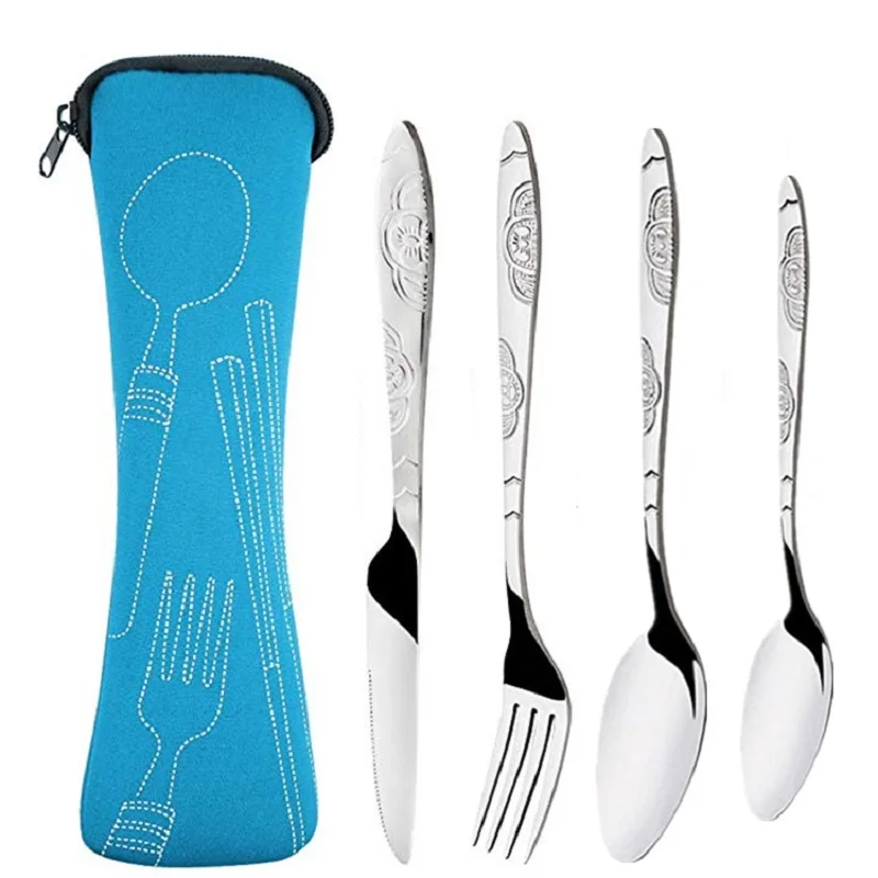 Juego de vajilla portátil con estampado de cuchillos, tenedor, cuchara de acero inoxidable, cubiertos para carne de acampada familiar, vajilla con bolsa, 4 Uds./3 uds.