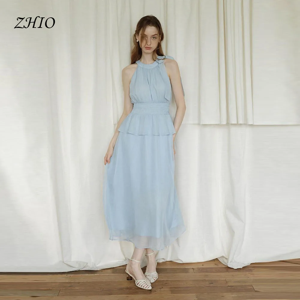 

ZHIO Fashion Light Blue Neck Korean Evening Dresses A Line Sleeveless Chiffon Customized Corset Floor Length Formal Party