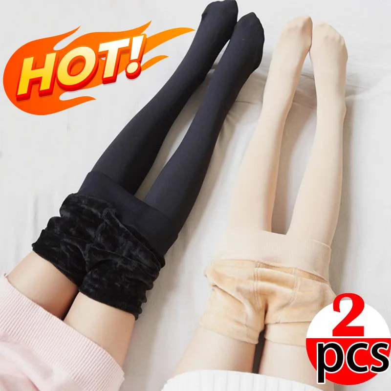 Meia-calça de lã grossa quente para mulheres, calças justas de veludo térmico feminino, elásticas, cintura alta, leggings translúcidas, meias, inverno, 1, 2 peças