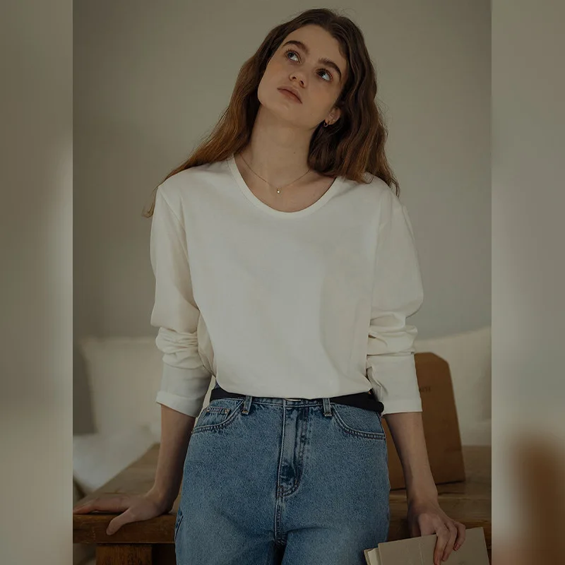 الكلاسيكية الأساسية المرأة طويلة الأكمام تي شيرت 2025 خريف جديد 100% القطن مكتب السيدات الجولة الرقبة بلون القمم الملابس النسائية