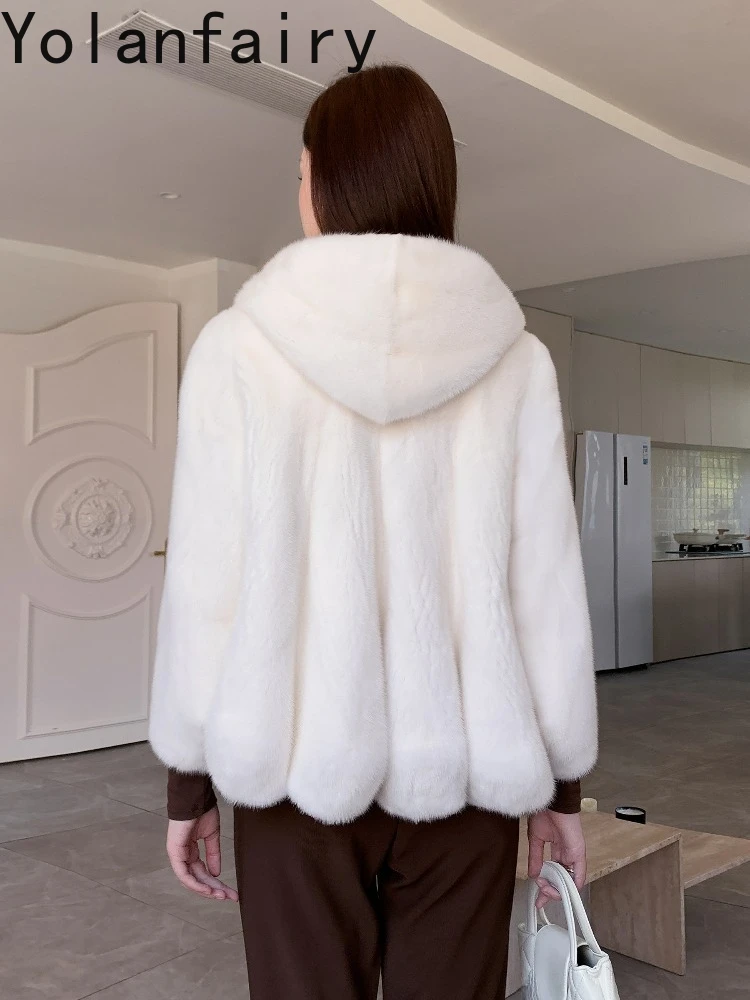 YOLANFAIRY Prawdziwa Kurtka z Naturalnego Futra Norki dla Kobiet Luksusowa Zimowa Kurtka z Naturalnego Futra z Kapturem Ciepłe Prawdziwe Czarne Futra Casaco