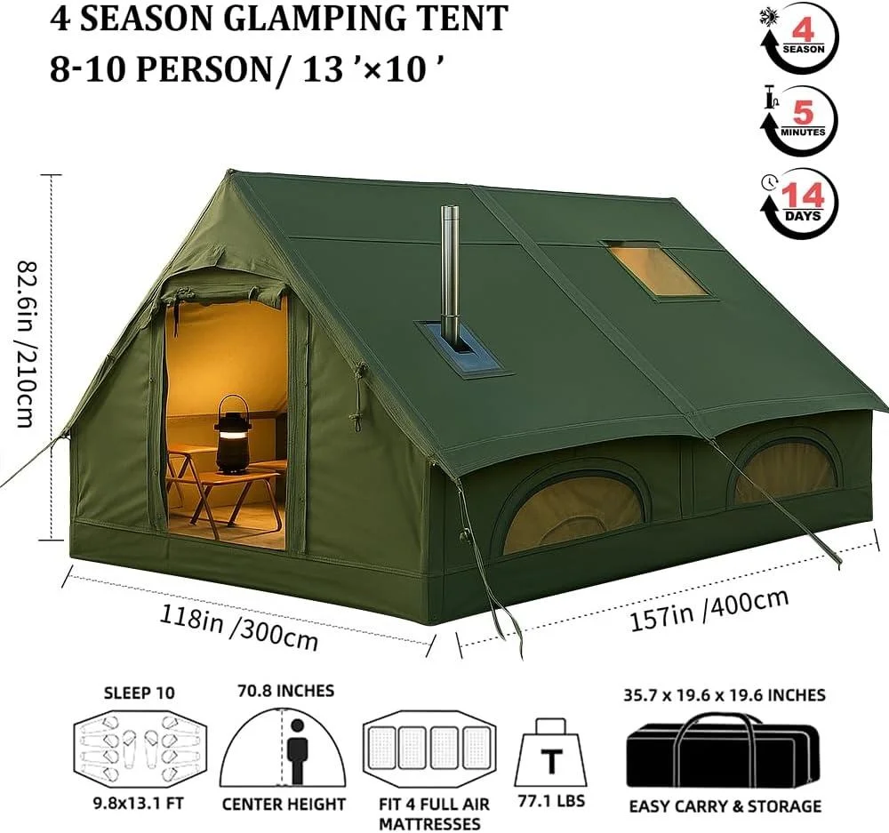 Inflatable Camping Tent 8-10 Person 12 Square Feet Four-Season Double Layer Oxford Fabric with Stove Jack and Blow-Up Pump