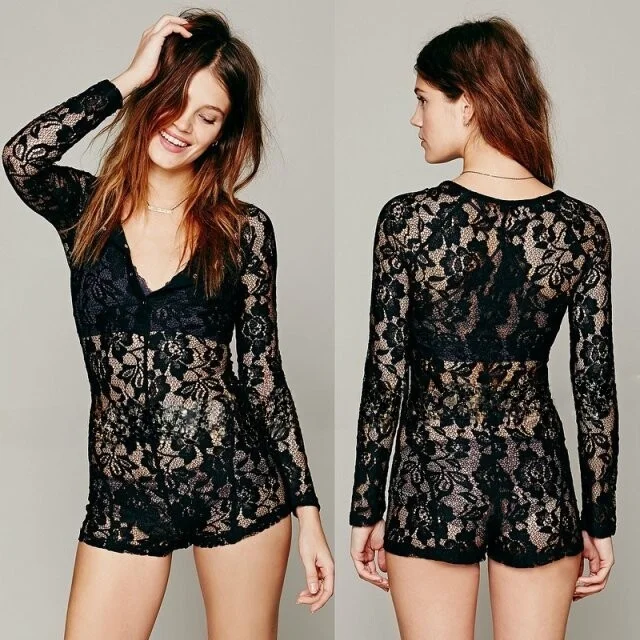 Bla Full Lace Slim Fit Long Sve V-Ne-Piece Sexy évider Faion Street Sle femmes été pantalons décontractés