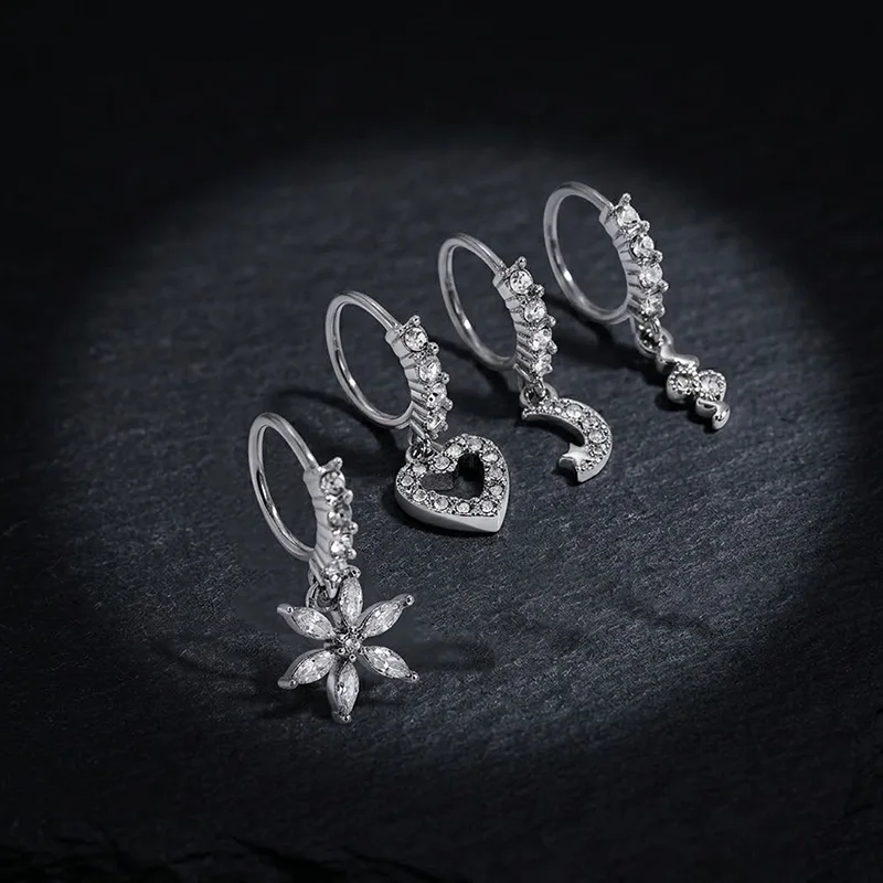 316L Stainless Steel Vintage CZ Dangle Nose Ring Hoop Septum Clicker Cartilage Helix Nose Piercing 20G