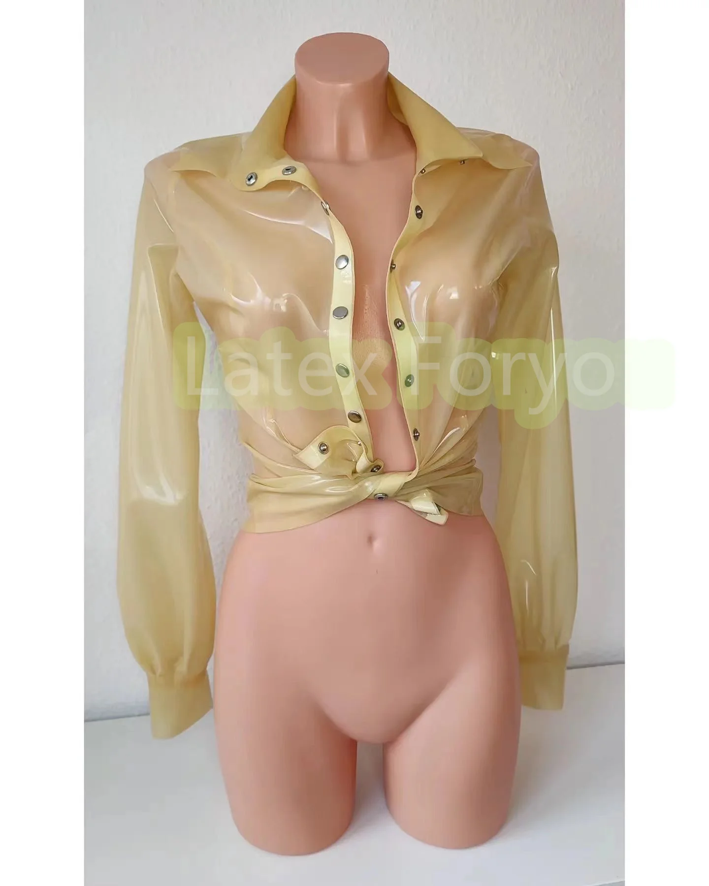 Handmade Natural Latex Women Transparent Shirt  Rubber Top Fashion Costomes Female Turn-down Collar Casual Latex Shirts