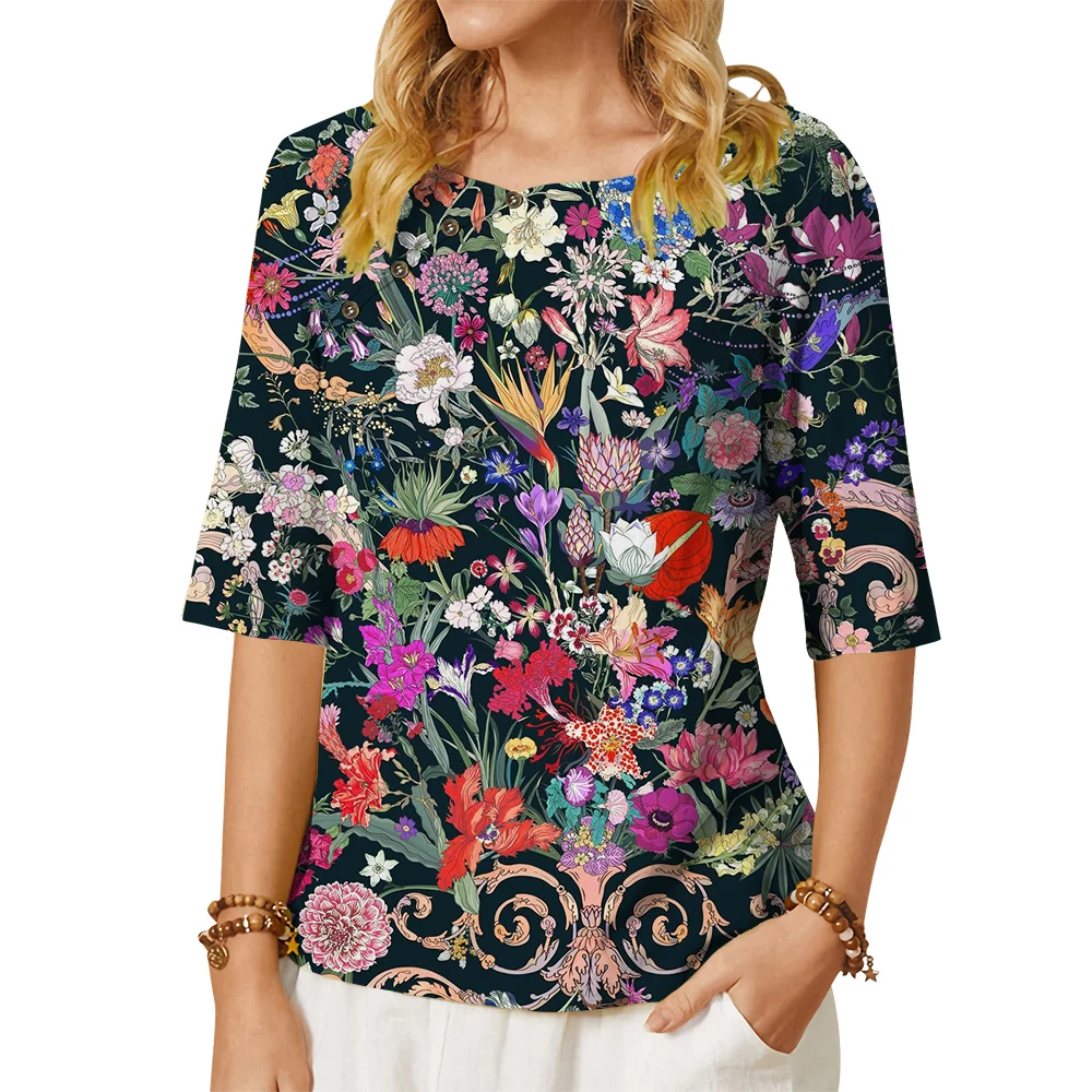 CLOOCL Retro Fantasy Garden Women Blouses 3D Printed Shirt Middle Sleeves Tops with Button Decorate Little Floral Graphic Shirts