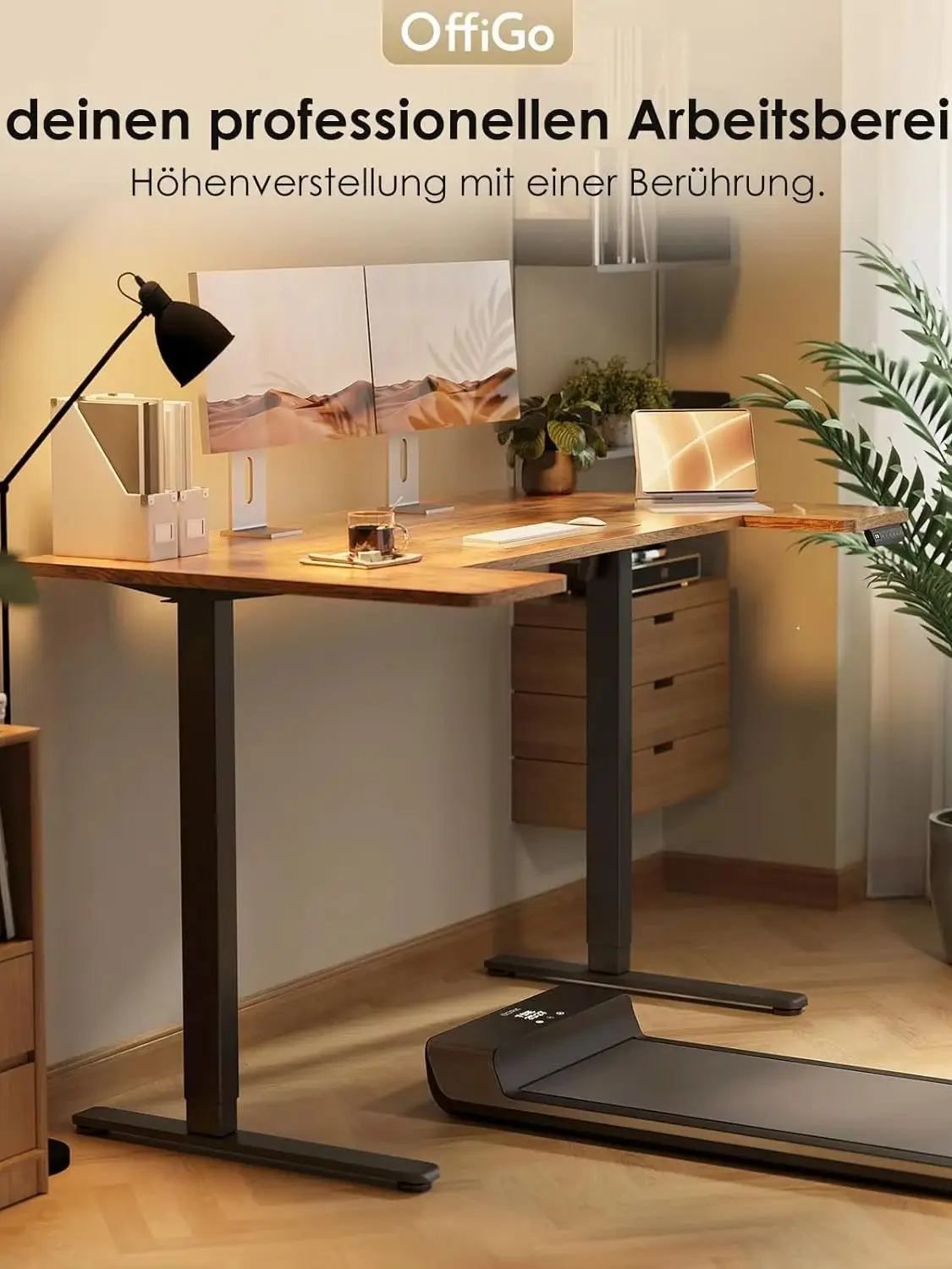 U-förmiger Verstellbarer Schreibtisch OffiGo 160x74 cm Bürotisch mit Speicherfunktion für Home Office Geräuschloser Motor, Sitz-Steh-Funktion, Vintage Braun