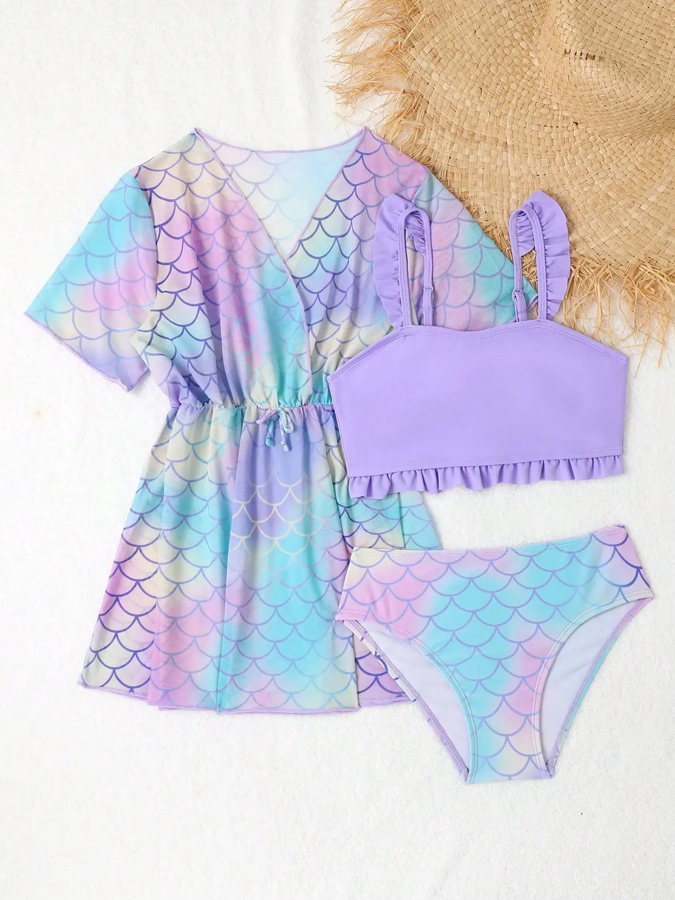 

Pastel Mermaid Scale Two Piece Swimsuit With Ruffled Top And Sheer Kimono Cover-Up