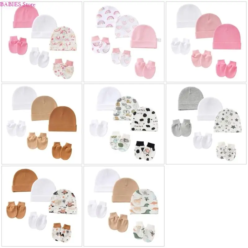 

C9GB Set of 3 Infant Hospital Hat and Gloves Comfortable Fit Stretchy Cotton Bonnet Caps Keeps Baby Warm Cosy Unisex Design