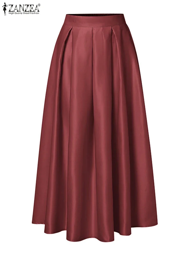 

ZANZEA 2025 модные женские повседневные свободные однотонные вечерние юбки элегантные атласные юбки с высокой эластичной резинкой на талии плиссированные вечерние макси Faldas