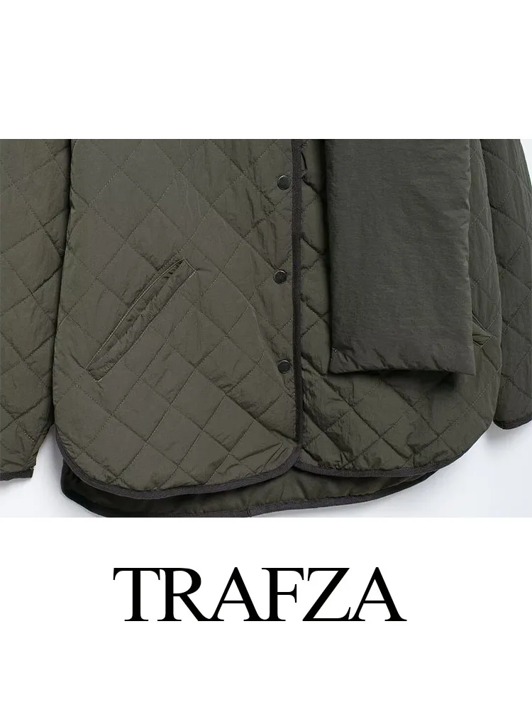 TRAFZA-casaco de algodão curto com cachecol para mulheres, bolso de peito único, casaco quente feminino decorado, manga longa, moda para inverno