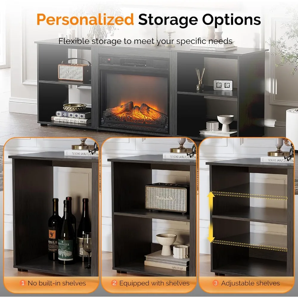 وحدة تحكم وسائط مدفأة كهربائية حديثة مع أرفف قابلة للتعديل، سعة تلفزيون 70 بوصة، تتضمن سخان، ترفيه أنيق