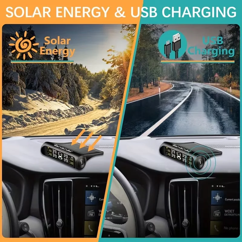 Wireless Solar TPMS Tire Pressure Monitor System with 4 External Tire Valve Cap Sensors, Real Time Bar PSI Temp Display image 3