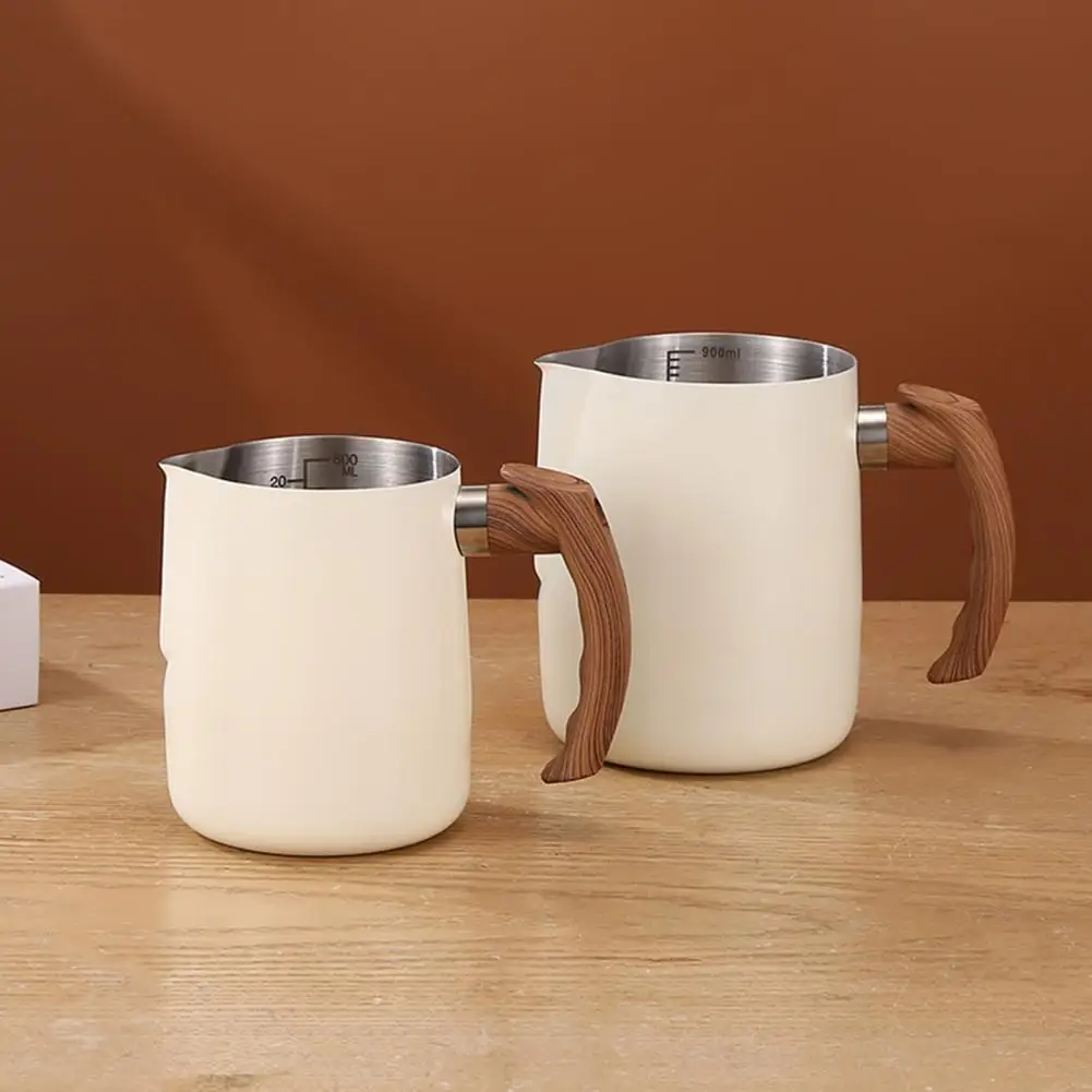 

Capacity Milk Frothing Pitcher Stainless Steel Milk Frothing Pitcher with Precise Scale Wooden Handle for Latte for Coffee