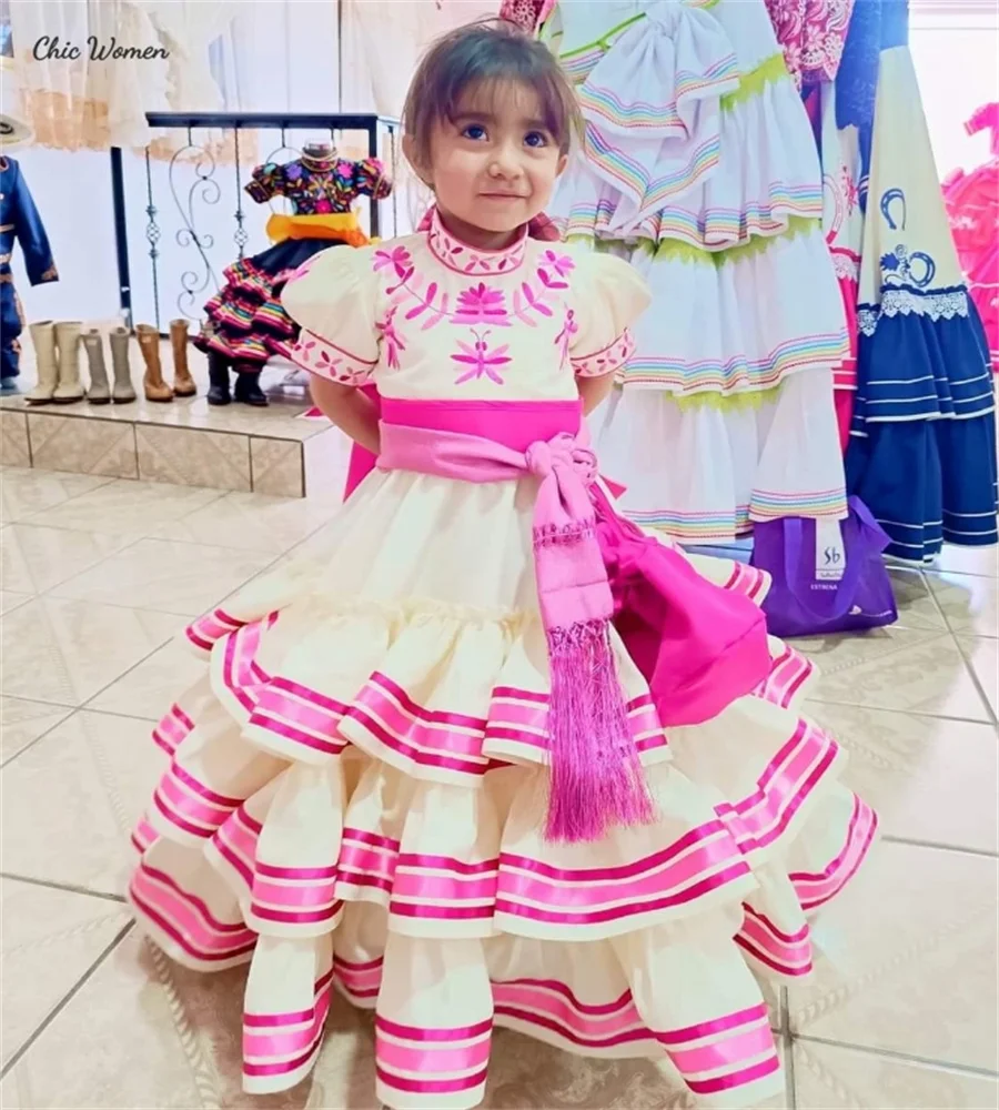 

Mexican Charro Flower Girls Dress Mariachi Kids Embroidery Pageant Dress A Line Short Sleeves First Communion Party Customized