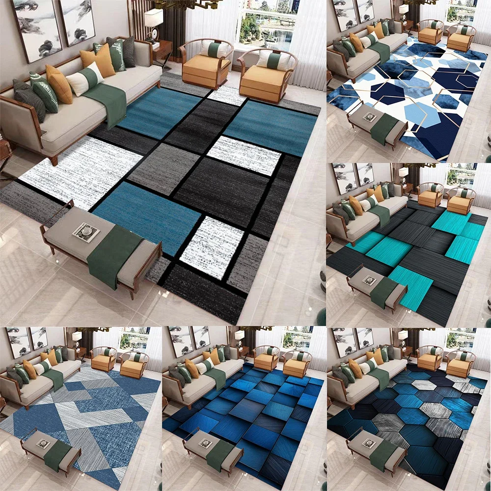Modern Geometric Pattern Floor Mat With Squares Hexagons Geometric Shapes In Blue Gray Gold Lines Rug For Living Room Decor