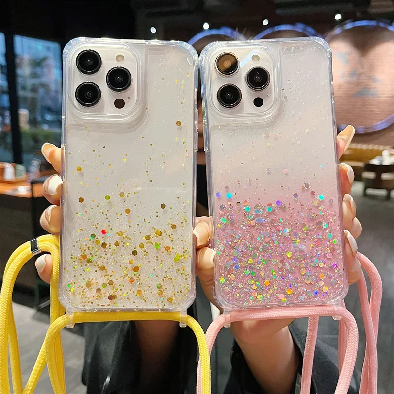 Crossbody Lanyard Glitter Clear Case For iPhone 15 14 13 12 Mini 11 Pro XS Max 7 8 Plus SE 2 3 X XR Acrylic Shockproof Cover