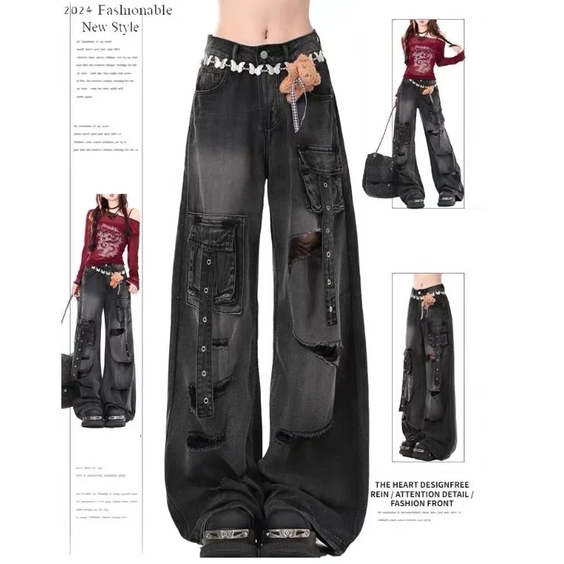 

Y2k 2000s Black Ripped Pockets Baggy Jeans Women Punk Gothic Girl Denim Trousers Loose Wide Leg Pants Woman Clothing Clothes