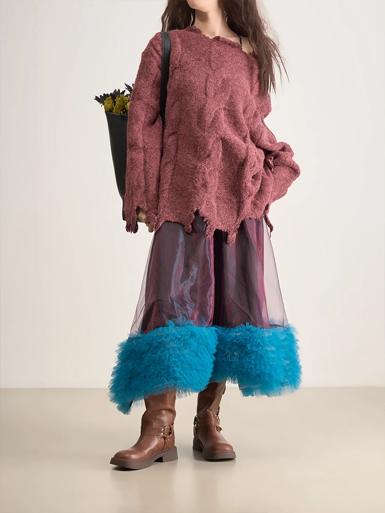 

Свободный вязаный свитер в уличном стиле, осенне-зимний, теплый, с длинными рукавами, круглым вырезом, повседневный, с рваным краем, в стиле lazy fashion, топ